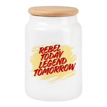 Rebel Today Legend Tomorrow – Fette Typografie-Kunst - Keksdose mit Holzdeckel - Weiß - Vorne