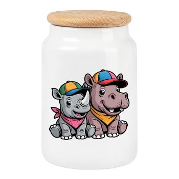 Bébé Rhinocéros et Hippopotame Drôles – Duo d’animaux mignons - Boîte à biscuits avec couvercle en bois - blanc - Devant