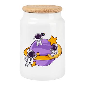 Astronaut team in space moon sphere - Cookie Jar with Wooden Lid - white - Front