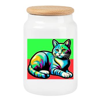 cat - Cookie Jar with Wooden Lid - white - Front