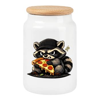 Pizza raccoon with hat - Cookie Jar with Wooden Lid - white - Front
