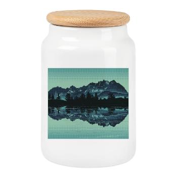 Retro Pixel Art Mountain Lake - Cookie Jar with Wooden Lid - white - Front