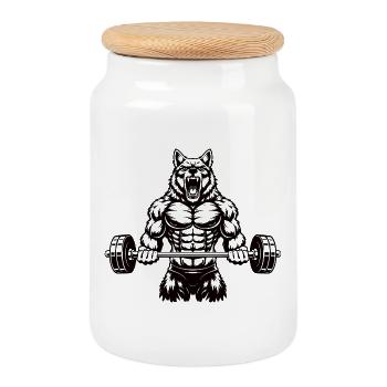 Powerful Wolf with Barbell - Cookie Jar with Wooden Lid - white - Front