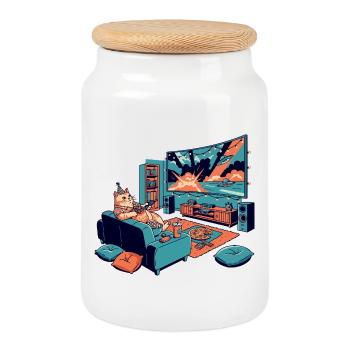 Cat cinema in the living room Cinema cat Chillout cat - Cookie Jar with Wooden Lid - white - Front