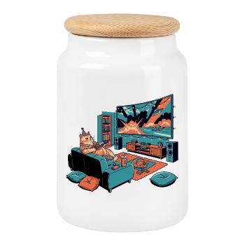 Thick Sofa Cat Chips TV Cinema Evening Cat Motif - Cookie Jar with Wooden Lid - white - Front