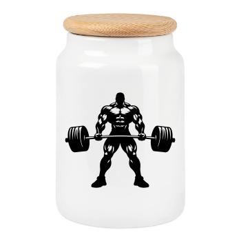 Bodybuilding Weightlifting Silhouette - Cookie Jar with Wooden Lid - white - Front