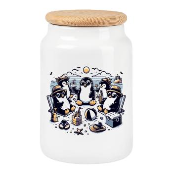 Beach penguins celebration in the sunshine - Cookie Jar with Wooden Lid - white - Front