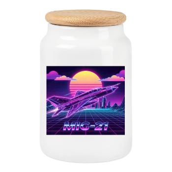 Mig-21 Retro Futuristisches Neon - Keksdose mit Holzdeckel - Weiß - Vorne
