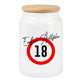 18. Geburtstag Endlich Achtzehn - Keksdose mit Holzdeckel - Weiß - Vorne