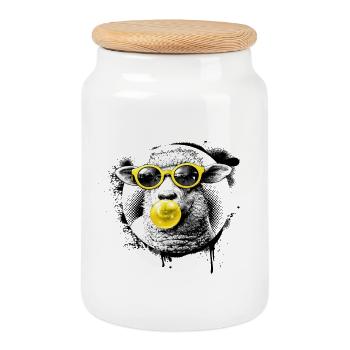 Moutons Pop Art – Demi-ton avec lunettes de soleil néon - Boîte à biscuits avec couvercle en bois - blanc - Devant