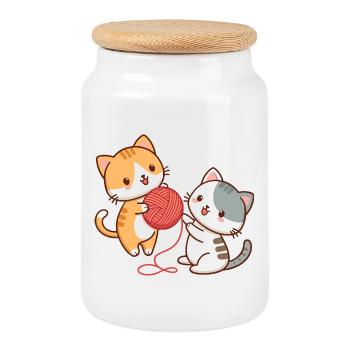 Kittens and kawaii ball - Cookie Jar with Wooden Lid - white - Front