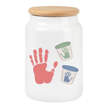 Baby Footprint Pastel Print Finger Paints - Cookie Jar with Wooden Lid - white - Front
