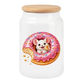 Niedliche Maus im Donut Illustration mit Biss  - Keksdose mit Holzdeckel - Weiß - Vorne