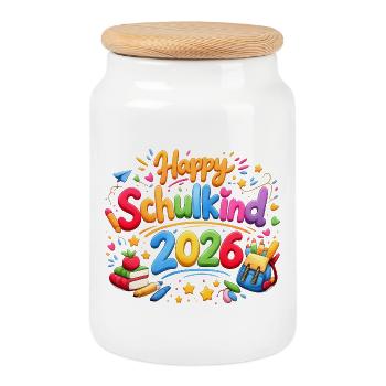 Happy Schulkind 2026 Einschulung Geschenk - Keksdose mit Holzdeckel - Weiß - Vorne