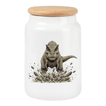 T rex Bursts out of the ground - Cookie Jar with Wooden Lid - white - Front