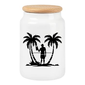 Holiday Palm Trees Beach Silhouette - Cookie Jar with Wooden Lid - white - Front