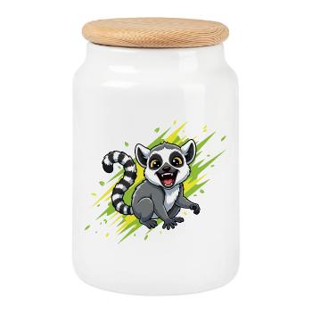 Fröhlicher Lemur mit Strahlenhintergrund - Keksdose mit Holzdeckel - Weiß - Vorne