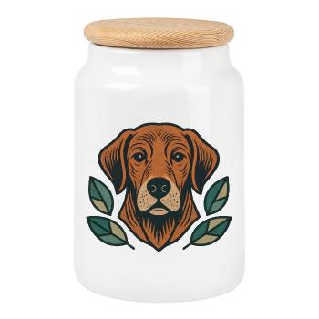 Chien orange dans une couronne de feuilles - Boîte à biscuits avec couvercle en bois - blanc - Devant