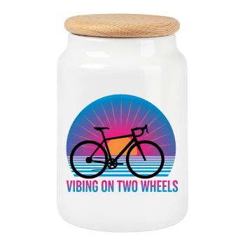 Viben auf zwei Rädern Synthwave Rennrad - Keksdose mit Holzdeckel - Weiß - Vorne