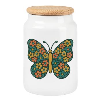 Papillon aux ailes de fleurs - Boîte à biscuits avec couvercle en bois - blanc - Devant
