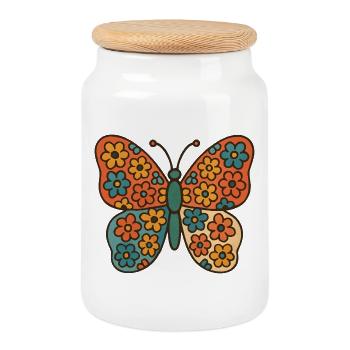 Papillon avec motif floral - Boîte à biscuits avec couvercle en bois - blanc - Devant
