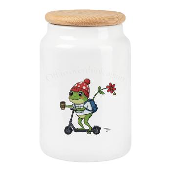 Grenouille sur le scooter — Repenser - Boîte à biscuits avec couvercle en bois - blanc - Devant
