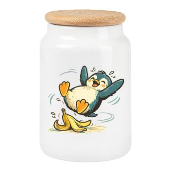 Pinguin Springende Banane - Keksdose mit Holzdeckel - Weiß - Vorne