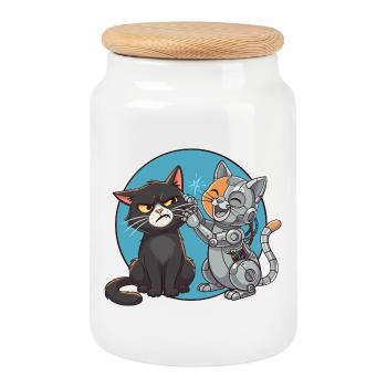 Chat and Robot - Cookie Jar with Wooden Lid - white - Front