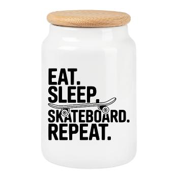 Iss. Schlaf. Skateboard. Wiederholen. - Keksdose mit Holzdeckel - Weiß - Vorne