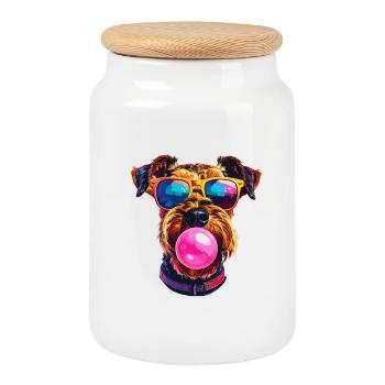 Airedale Terrier with Bubblegum Sunglasses - Cookie Jar with Wooden Lid - white - Front