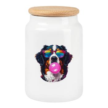 Colorful Bernese Sennenhun with bubblegum sunglasses - Cookie Jar with Wooden Lid - white - Front