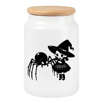 Sorcière mignonne avec motif d’araignée d’Halloween - Boîte à biscuits avec couvercle en bois - blanc - Devant