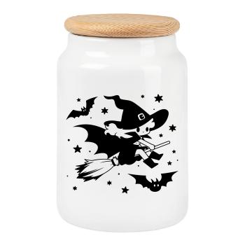 Sorcière volante avec un motif d’Halloween à balai - Boîte à biscuits avec couvercle en bois - blanc - Devant