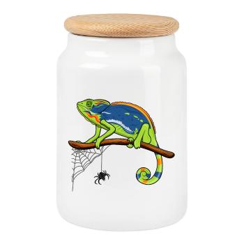 Chameleon On Branch with Spider Web - Cookie Jar with Wooden Lid - white - Front