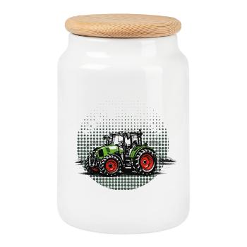 Farm Life – Green Tractor Vintage Halftone - Cookie Jar with Wooden Lid - white - Front