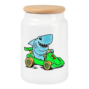 Aventure de karting Shark Racer - Boîte à biscuits avec couvercle en bois - blanc - Devant