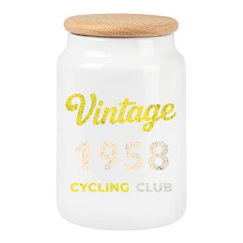 Vintage 1958 – Cycling Club Retro Birth Year - Cookie Jar with Wooden Lid - white - Front
