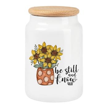 Christian Sunflower Faith Prays Jesus - Cookie Jar with Wooden Lid - white - Front