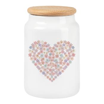 Pastel Flowers Heart Motif - Cookie Jar with Wooden Lid - white - Front