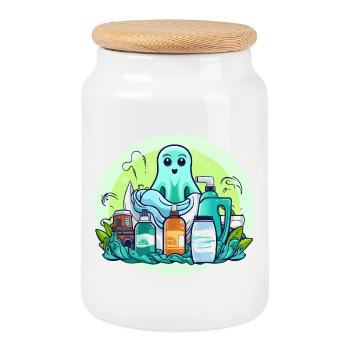 Green Cleaning Spirit Cartoon - Cookie Jar with Wooden Lid - white - Front