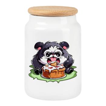 Pug with Cake Cartoon - Cookie Jar with Wooden Lid - white - Front