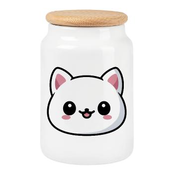 Niedlicher Kawaii-Katzenkopf im Stil - Keksdose mit Holzdeckel - Weiß - Vorne