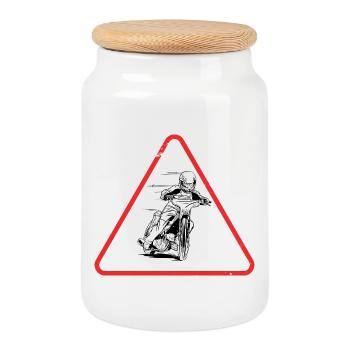 Conception du panneau d’avertissement pour les pilotes de motos sur circuit - Boîte à biscuits avec couvercle en bois - blanc - Devant