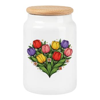 Rainbow Tulip Heart Bouquet - Cookie Jar with Wooden Lid - white - Front