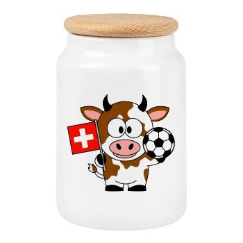Cow with Swiss flag and football - Cookie Jar with Wooden Lid - white - Front