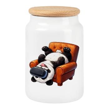 Panda mit VR Brille im Sessel - Keksdose mit Holzdeckel - Weiß - Vorne