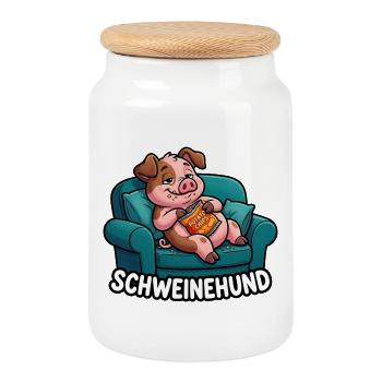 Schweinehund Faules Schwein Auf Der Couch - Keksdose mit Holzdeckel - Weiß - Vorne