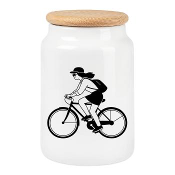 Hipster-Mädchen auf dem Fahrrad - Keksdose mit Holzdeckel - Weiß - Vorne