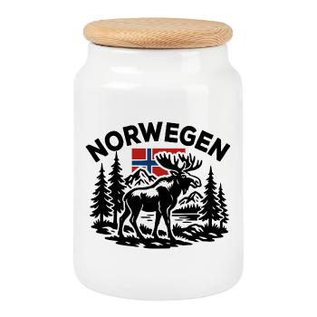 Norway Flag - Mountains Lakes Forest Moose - Cookie Jar with Wooden Lid - white - Front