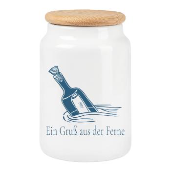 Ein Gruß aus der Ferne Flaschenpost Design - Keksdose mit Holzdeckel - Weiß - Vorne